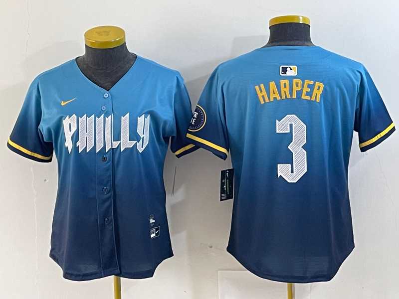 Women%27s Philadelphia Phillies #3 Bryce Harper Blue 2024 City Connect Limited Stitched Jersey->mlb womens jerseys->MLB Jersey